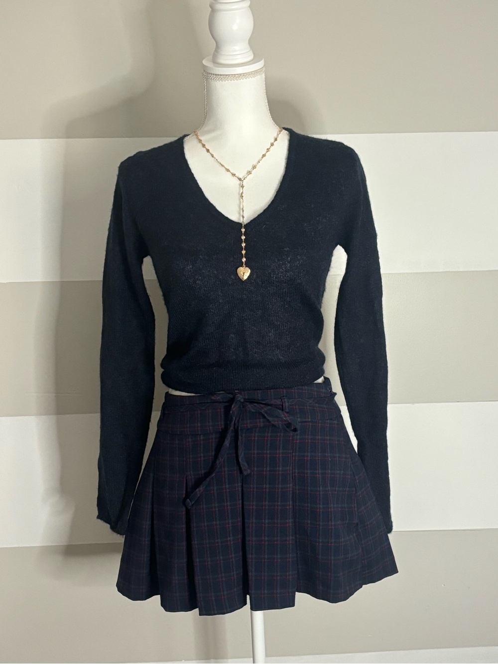 Hollister Navy Plaid Pleated Mini Skort with Waist Tie